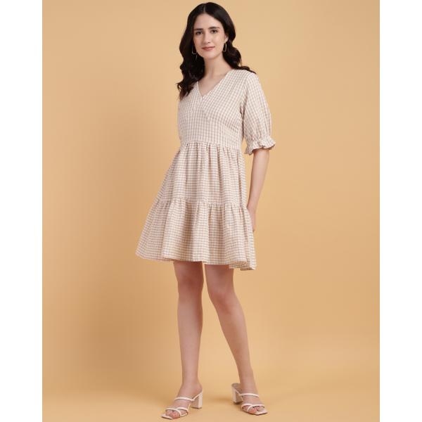 BIEGE COLOR 2 TIERED CASUAL MIDI DRESS